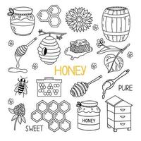 Honig-Doodle-Set mit Biene, Bienenstock, Waben, Linden, Sonnenblumen. Hand gezeichnete Vektorillustration lokalisiert auf weißem Hintergrund. vektor