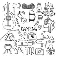 Set von Camping- und Wanderelementen im Doodle-Stil. Picknick, Reisezubehör und Ausrüstung. Hand gezeichnete Vektorillustration lokalisiert auf weißem Hintergrund. vektor