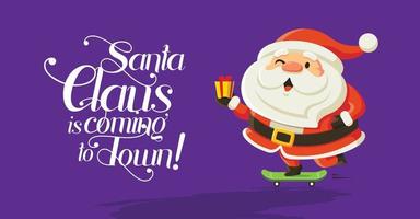 lustiger Cartoon-Weihnachtsmann, der Skateboard reitet und kleines Weihnachtsgeschenk auf lila Hintergrund mit Kalligraphiebeschriftung hält. für Weihnachts- und Neujahrsgrußkarten und Social Media-Nutzung vektor