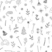 vektor sömlösa mönster av svarta och vita trädgårdsredskap, blommor, örter, växter. upprepa bakgrund med isolerad monokrom spade, spade, krattor, skottkärra, vattenkanna, sax, gräsklippare, slang