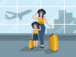 flicka och mamma med gula resväskor på flygplatsen vektor