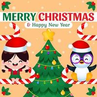 süßes Mädchen und Pinguin sitzen auf dem Schokoriegel und feiern Weihnachten und Neujahr vektor