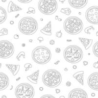 Vektor nahtlose Muster von Schwarz-Weiß-Pizza. Wiederholen Sie den Hintergrund mit isolierten monochromen Pizzastücken, Käse, Tomaten, Paprika, Basilikum, Pilzen, Wurst, Salami, Speck, Oliven, Garnelen, Mozzarella
