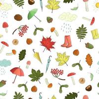 vektor sömlösa mönster av färgade höstelement. upprepa bakgrund med isolerade löv, paraply, regn, svamp, gummistövlar, nöt, ekollon, moln