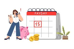 avlöningsdag mark på kvinna personlig kalender påminnelse till betala skatter eller göra lån betalning vektor