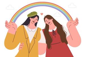 lesbisk flickor kram innehav HBTQ regnbåge, kallelse för bekämpa för rättigheter av sexuell minoriteter vektor