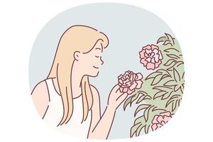 kvinna åtnjuter doft av reste sig blommor förbi andas in doft medan gående i parkera eller växthus vektor