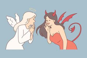 Frauen gekleidet wie Engel und Teufel zum Halloween Party, diskutieren neueste Nachrichten zusammen vektor