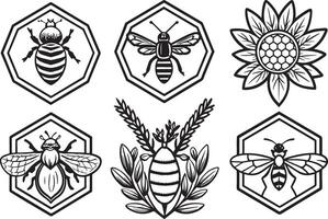 uppsättning av bi och blomma Balck och vit illustration vektor