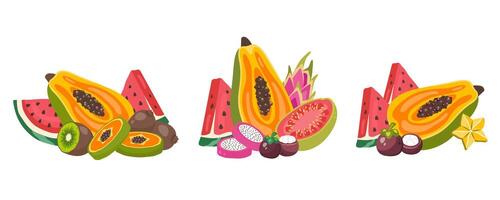 einstellen von exotisch Früchte. tropisch frisch Sommer- Lebensmittel. Komposition von reif Wassermelone, Papaya, Drachen Frucht, Kiwi, Karambole, Mangostan, Guave. Obst Clip Art. gesund Ernährung. eben Illustration vektor