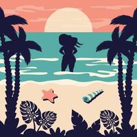 Sommer- Strand Hintergrund im retro Stil. tropisch Seelandschaft mit Sand Strand, Silhouette von schön Frau, Palme, Blätter, Möwen. eben Jahrgang Illustration zum Reise Karte, Urlaub, Natur vektor