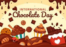 Welt Schokolade Tag Feier Illustration auf 7 Juli mit geschmolzen Pralinen und Kuchen im eben Karikatur Hintergrund Design vektor