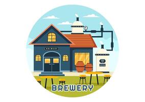 bryggeri produktion bearbeta illustration med öl tank och flaska full av alkohol dryck för jäsning i platt tecknad serie bakgrund vektor