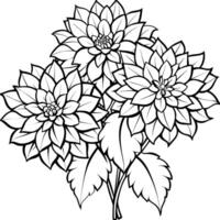 dahlia blomma bukett översikt illustration färg bok sida design, dahlia blomma bukett svart och vit linje konst teckning färg bok sidor för barn och vuxna vektor