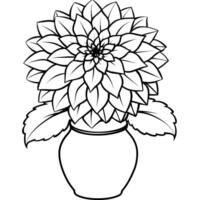 dahlia blomma på de vas översikt illustration färg bok sida design, dahlia blomma på de vas svart och vit linje konst teckning färg bok sidor för barn och vuxna vektor