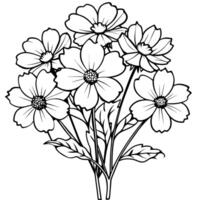 kosmos blomma bukett översikt illustration färg bok sida design, kosmos blomma bukett svart och vit linje konst teckning färg bok sidor för barn och vuxna vektor