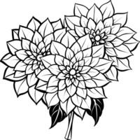 dahlia blomma bukett översikt illustration färg bok sida design, dahlia blomma bukett svart och vit linje konst teckning färg bok sidor för barn och vuxna vektor