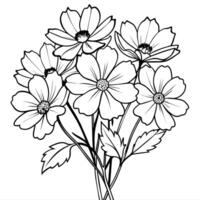 kosmos blomma bukett översikt illustration färg bok sida design, kosmos blomma bukett svart och vit linje konst teckning färg bok sidor för barn och vuxna vektor