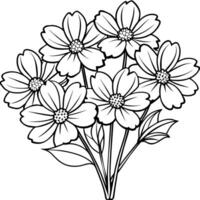 kosmos blomma bukett översikt illustration färg bok sida design, kosmos blomma bukett svart och vit linje konst teckning färg bok sidor för barn och vuxna vektor