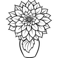 dahlia blomma på de vas översikt illustration färg bok sida design, dahlia blomma på de vas svart och vit linje konst teckning färg bok sidor för barn och vuxna vektor