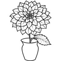 dahlia blomma på de vas översikt illustration färg bok sida design, dahlia blomma på de vas svart och vit linje konst teckning färg bok sidor för barn och vuxna vektor