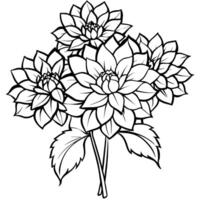 dahlia blomma bukett översikt illustration färg bok sida design, dahlia blomma bukett svart och vit linje konst teckning färg bok sidor för barn och vuxna vektor