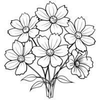 kosmos blomma bukett översikt illustration färg bok sida design, kosmos blomma bukett svart och vit linje konst teckning färg bok sidor för barn och vuxna vektor