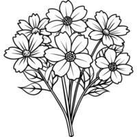 kosmos blomma bukett översikt illustration färg bok sida design, kosmos blomma bukett svart och vit linje konst teckning färg bok sidor för barn och vuxna vektor