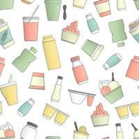Vektor farbiges nahtloses Muster von verschiedenen Arten von Joghurt. handgezeichneter, sich wiederholender Hintergrund von frischen Bio-Milchprodukten. Sammlung von natürlichen Lebensmittellinien.