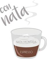 Illustration von ein Espresso mit ausgepeitscht Sahne Kaffee Tasse Symbol mit es ist Vorbereitung und Proportionen und Namen im Spanisch. vektor