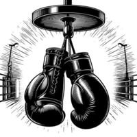 svart och vit illustration av suspenderad boxning handskar vektor