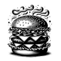 svart och vit illustration av en gott grillad ostburgare vektor