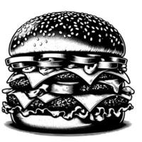 svart och vit illustration av en gott grillad ostburgare vektor