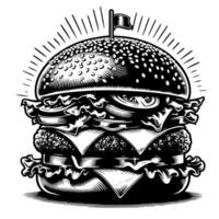 schwarz und Weiß Illustration von ein lecker gegrillt Cheeseburger vektor