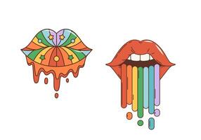 Karikatur retro Hippie groovig Frau Lippen und Regenbogen vektor