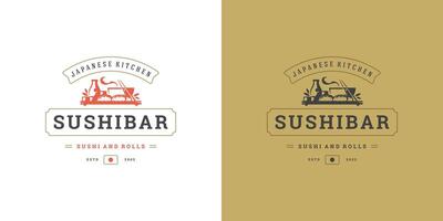 sushi logotyp och bricka japansk mat restaurang med Ramen nudel soppa asiatisk kök silhuett illustration vektor