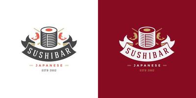 Sushi Logo und Abzeichen japanisch Essen Restaurant mit Sushi und Lachs rollen asiatisch Küche Silhouette Illustration vektor