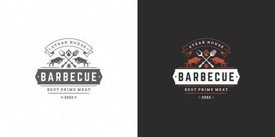 utegrill logotyp illustration grill biff hus eller bbq restaurang meny emblem tjurar silhuett vektor