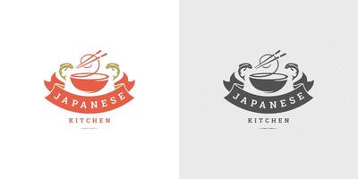 Sushi Logo und Abzeichen japanisch Essen Restaurant mit Ramen Nudel Suppe asiatisch Küche Silhouette Illustration vektor