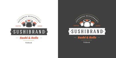 Sushi Logo und Abzeichen japanisch Essen Restaurant mit Sushi Lachs rollen asiatisch Küche Silhouette Illustration vektor