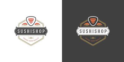 Sushi Logo und Abzeichen japanisch Essen Restaurant mit Sushi Lachs rollen asiatisch Küche Silhouette illustratio vektor