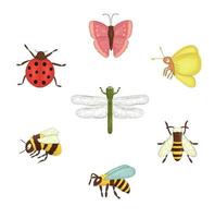 Vektor-Set von farbigen Insekten. Sammlung von isolierten auf weißem Hintergrund Biene, Hummel, Motte, Schmetterling, Marienkäfer, Libelle, Wespe, vektor