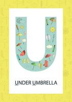 färgglada alfabetet bokstaven u. phonics flashkort. söt bokstav u för undervisning i läsning med paraply i tecknad stil, väderelement, regndroppar, moln. vektor