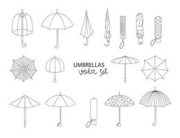 vektor uppsättning svarta paraplyer isolerad på vit bakgrund. monokroma förpackning med regnsköldar. tecknad stil