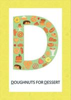 bunter Alphabetbuchstabe d. Phonetik-Karteikarte. süßer Buchstabe d für den Leseunterricht mit Donuts im Cartoon-Stil vektor