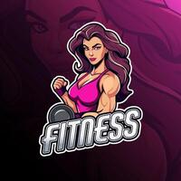 Fitness Frau mit Hantel Maskottchen Logo Design zum Abzeichen, Emblem, Esport und T-Shirt Drucken vektor