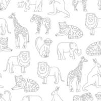 Vektor nahtlose Muster von Zootieren auf weißem Hintergrund. wiederholender schwarzer und weißer Hintergrund von Giraffe, Tiger, Elefant, Löwe, Zebra, Affe, Känguru. Bild des Zoos für Kinder.