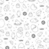 Schwarz-Weiß-nahtloses Muster mit schlüpfenden Küken, Kaninchen, Eiern. niedlicher Cartoon-Stil Hintergrund. handgezeichnete Doodle-Kulisse für Ostern. kinder abbildung vektor