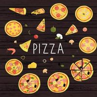 Vektor-Set farbige Pizza. Sammlung von isolierten hellen Pizzastücken, Käse, Tomaten, Paprika, Basilikum, Pilzen, Wurst, Salami, Speck, Oliven, Garnelen, Mozzarella, Garnelen