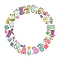 Vektor farbige Illustration von Babykleidung und Accessoires im Kreis gerahmt. Vorlage für Banner mit isoliertem Footie, Hut, Stirnband, Fäustlingen, Schnuller, Strampler,